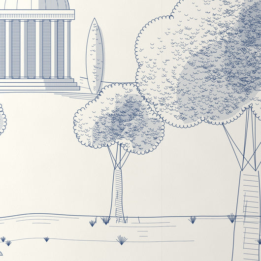 Gros plan du décor Toile de Jouy bleue sur papier intissé