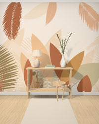 Visualisation : papier peint panoramique Jardin terre, feuillages terracotta et ocre, posé sur un mur entier