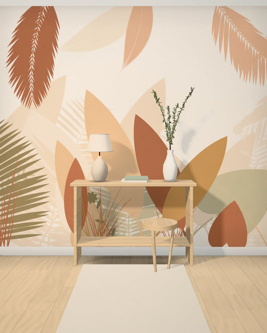 Visualisation : papier peint panoramique Jardin terre, feuillages terracotta et ocre, posé sur un mur entier