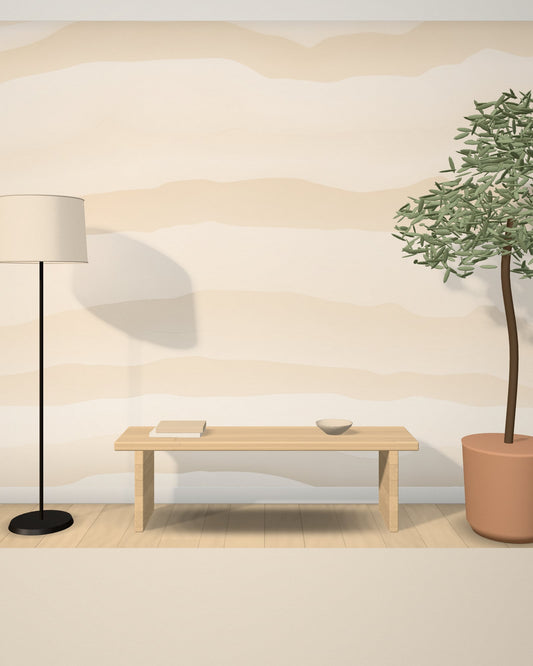 Visualisation : papier peint panoramique Strates sable, strates minérales sable et grège, posé sur un mur entier