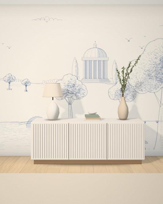 Visualisation : papier peint panoramique Toile de Jouy bleue, scène gravée bleue façon toile de Jouy, posé sur un mur entier