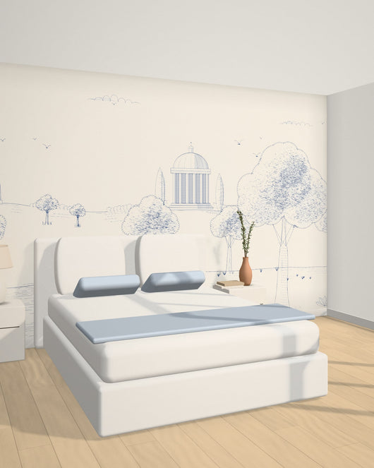 Visualisation : Toile de Jouy bleue dans une autre pièce, vue de trois quarts